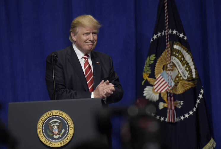 President Donald Trump speaks to troops at the U.S. Central Command and U.S. Special Operations Command at MacDill Air Force Base in Tampa, Fla.,Monday, Feb. 6, 2017. (AP Photo/Susan Walsh)
