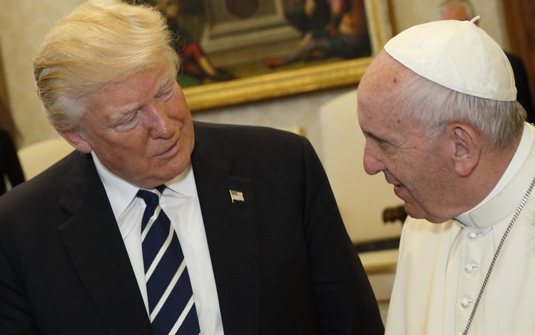 Pope Francis talks with U.S. President Donald Trump during a private audience at the Vatican May 24. (CNS photo/Paul Haring) See POPE-TRUMP-MEET May 24, 2017