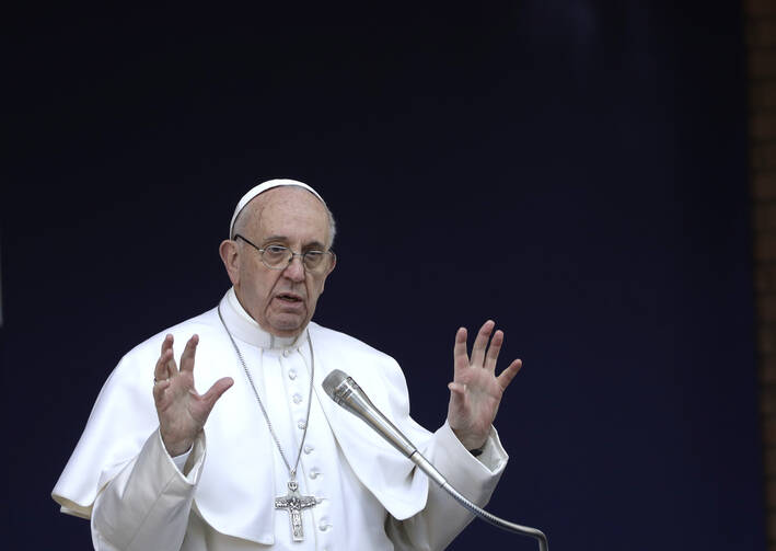 Pope Francis speaks during a visit at the Roma Tre University in Rome, on Friday, Feb. 17, 2017. Pope Francis says the phenomenon of migration doesn't pose a danger to Europe's culture but rather a challenge for societies to grow. (AP Photo/Alessandra Tarantino)