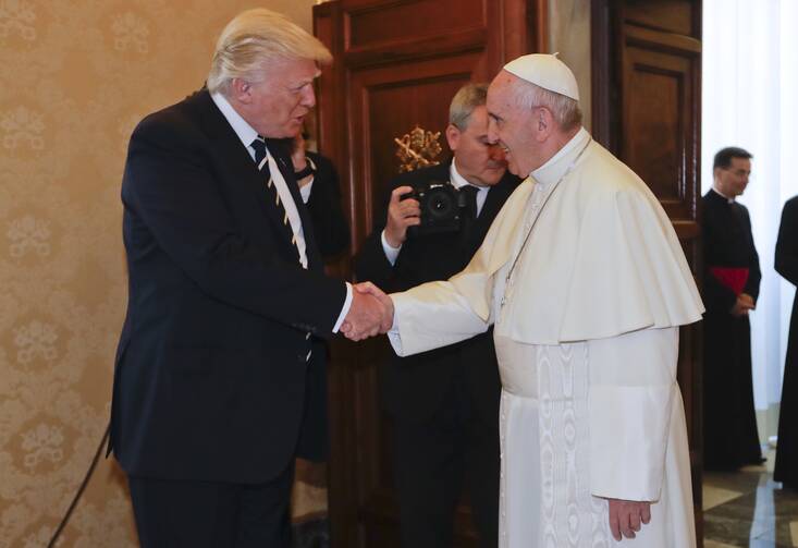 Pope Francis meets with President Donald Trump on the occasion of their private audience, at the Vatican on Wednesday, May 24, 2017. (AP Photo/Alessandra Tarantino, Pool)