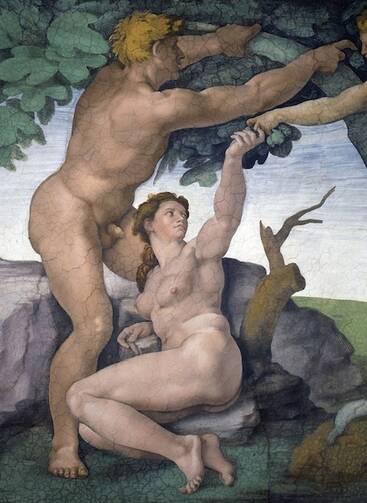 "The Disobedience of Adam and Eve," Michelangelo's fresco on the ceiling of the Sistine Chapel (CNS photo/courtesy of the Vatican Museums)
