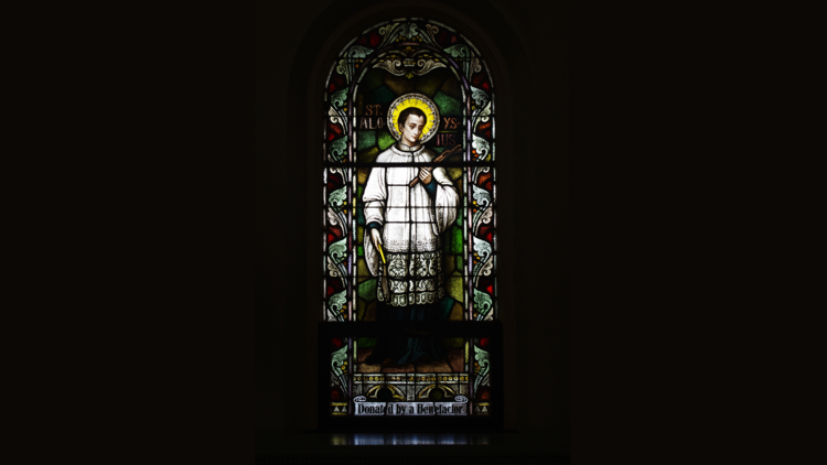 St. Aloysius Gonzaga stained glass window, St. Bernard Church, Burkettsville, OH (Wikimedia Commons)