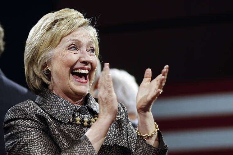 Democratic presidential candidate Hillary Clinton celebrates primary wins at a rally last Tuesday in Philadelphia. (AP Photo/Matt Rourke)