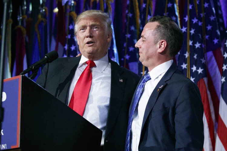 President-elect Donald J. Trump, seen here on election night with his choice for chief of staff, Reince Priebus, presents a rare opportunity to lay aside the worn pages of our ideological script. (AP Photo/Evan Vucci)