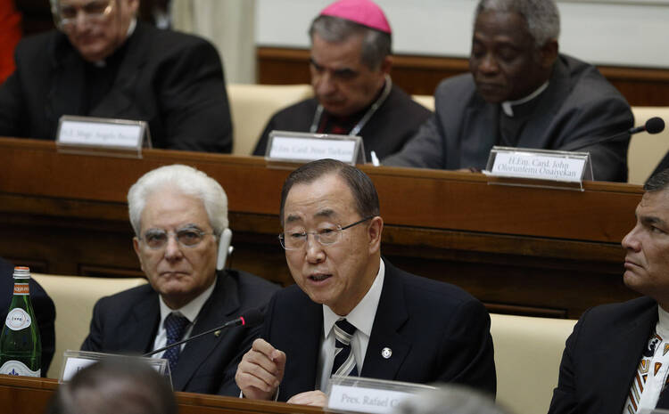 U.N. Secretary-General Ban Ki-moon addresses an April 28 summit on the moral dimensions of climate change and its impact on the poor. Also pictured is Italy's President Sergio Mattarella, lower left. (CNS photo/Paul Haring)