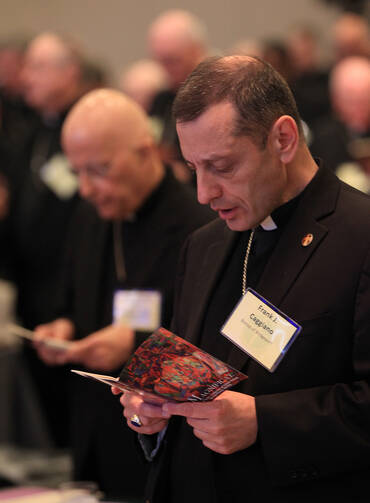 Bishop Frank J. Caggiano of Bridgeport, Conn., reads from booklet during the opening prayer of the annual spring meeting of the U.S. Conference of Catholic Bishops in New Orleans June 11, 2014. (CNS photo/Bob Roller)