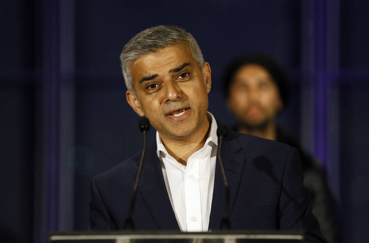 Sadiq Khan, Labour Party candidate, speaks on the podium after hearing the results of the London mayoral elections, at City Hall in London on May 7, 2016.