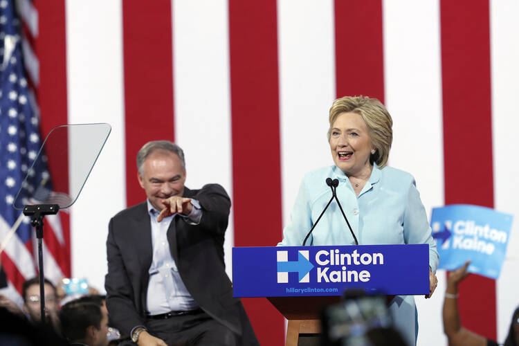 Hillary Clinton is signaling stability rather than a crisis mode with her choice of Virginia Sen. Tim Kaine as a running mate. (AP Photo/Mary Altaffer)