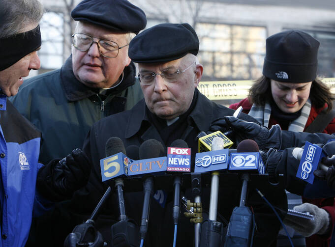 Cardinal Francis George of Chicago speaks to local media in February 2009. The case of former priest Daniel McCormack represented a significant breakdown of the child protection policies he had approved for the archdiocese. (CNS photo/Karen Callaway, Catholic New World)