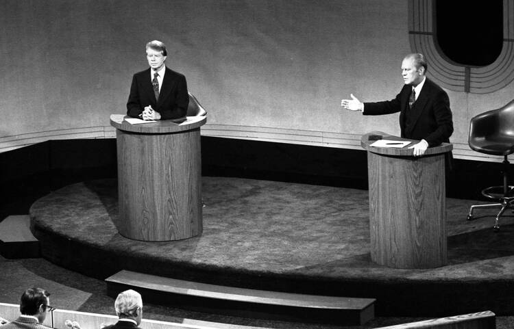 Carter and Ford debate domestic policy at the Walnut Street Theatre in Philadelphia. (WikiCommons photo)