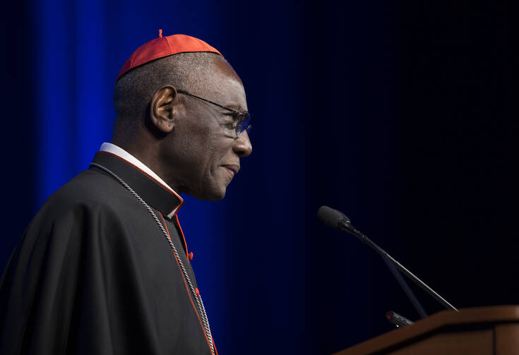 Cardinal Robert Sarah, prefect of the Congregation for Divine Worship and the Sacraments, speaking at the National Catholic Prayer Breakfast in Washington, May 17 (CNS photo/Bob Roller).