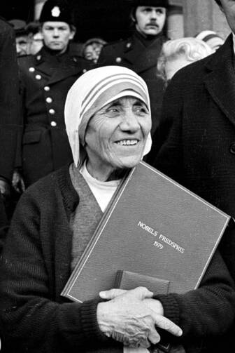 This Dec. 12, 1979, photo shows Mother Teresa in Oslo, Norway, after receiving the Nobel Peace Price (CNS/EPA) .