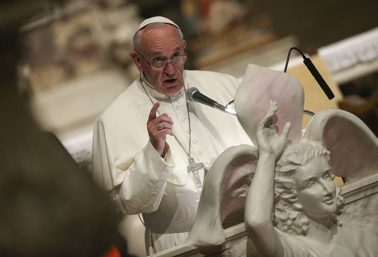 Pope Francis gestures during a meeting with bishops Nov. 10 in the Duomo, the Cathedral of Santa Maria del Fiore in Florence, Italy (CNS photo/Alessandro Bianchi, Reuters).