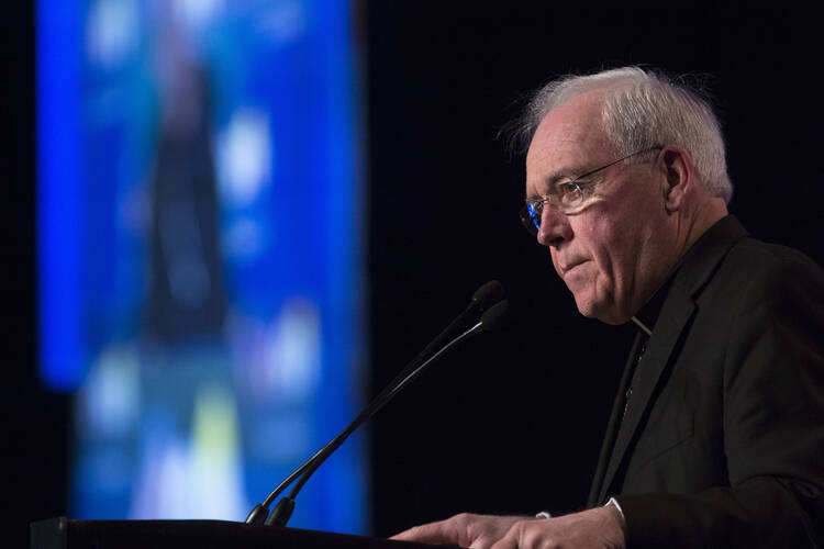  Bishop Richard J. Malone of Buffalo, N.Y., speaks during the 11th annual National Catholic Prayer Breakfast in May 2015 at the Marriott Marquis Hotel in Washington. (CNS photo/Tyler Orsburn)