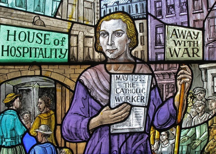 Dorothy Day, co-founder of the Catholic Worker Movement and its newspaper, The Catholic Worker, is depicted in a stained-glass window at Our Lady of Lourdes Church in the Staten Island borough of New York. (CNS photo/Gregory A. Shemitz)