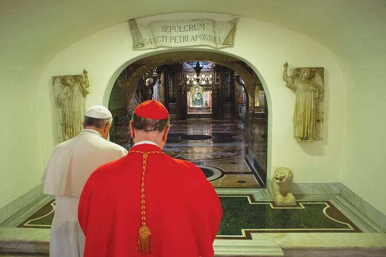 ON THIS ROCK. Pope Francis and Cardinal Angelo Comastri pray at the tomb of St. Peter in the crypt of St. Peter’s Basilica on the feast of All Souls. 