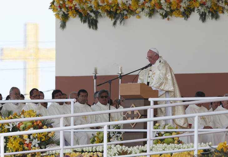 Pope Francis gives the homily while celebrating Mass in Los Samanes Park in Guayaquil, Ecuador, July 6 (CNS Photo / Paul Haring).