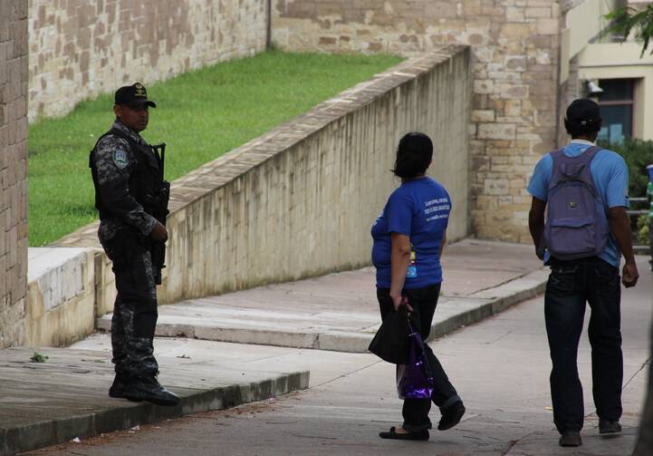 An armed Honduran soldier stands outside the U.S. Embassy in Tegucigalpa on Sept. 12.