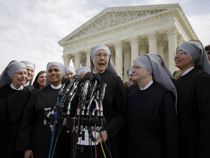 Sister Loraine McGuire with Little Sisters of the Poor speaks to the media after Zubik v. Burwell, an appeal brought by Christian groups demanding full exemption from the requirement to provide insurance covering contraception under the Affordable Care Act, was heard by the U.S. Supreme Court in Washington on March 23, 2016. Photo courtesy of Reuters/Joshua Roberts