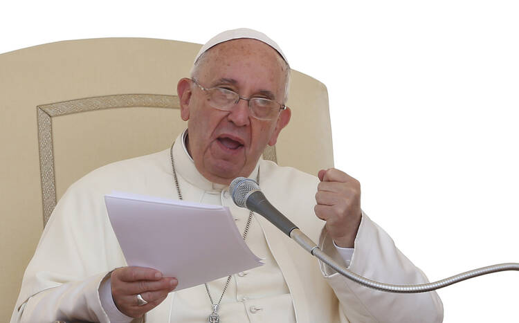 Pope Francis speaks during his general audience in St. Peter's Square at the Vatican June 10. (CNS photo/Paul Haring) 