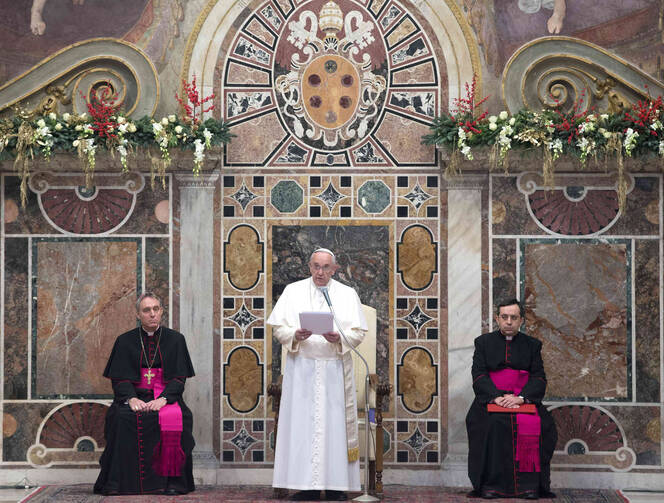 Pope Francis speaks during an audience with the Vatican diplomatic corps on Jan. 12. (CNS photo/Claudio Peri pool via Reuters)