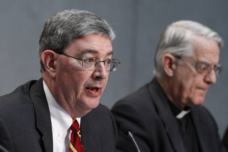 George Weigel, who wrote a biography of John Paul II, speaks at a press conference at the Vatican April 25. (CNS photo/Paul Haring)