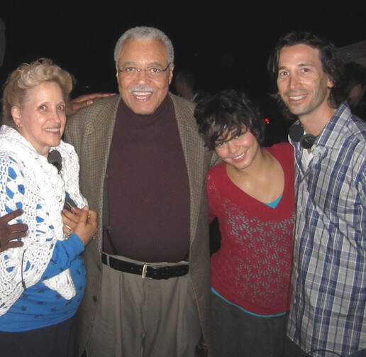 Kathy DiFiore, on whom the movie "Gimme Shelter" is based, poses with stars of the movie James Earl Jones, Vanessa Hudgens and director-writer Ronald Krauss. (CNS photo/Roadside Attractions)