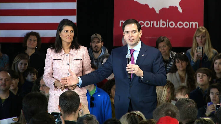 Gov. Nikki Haley campaigns with Republican presidential candidate Sen. Marco Rubio in Greenville, S.C., on Thursday. (AP Photo/Alex Sanz)