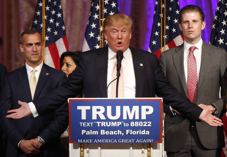 Republican presidential candidate Donald Trump speaks to supporters at his primary election night event at his Mar-a-Lago Club in Palm Beach, Fla. (AP Photo/Gerald Herbert)