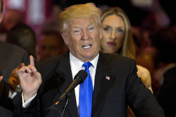 Republican presidential candidate Donald Trump speaks during a primary night news conference Tuesday in New York. (AP Photo/Mary Altaffer)