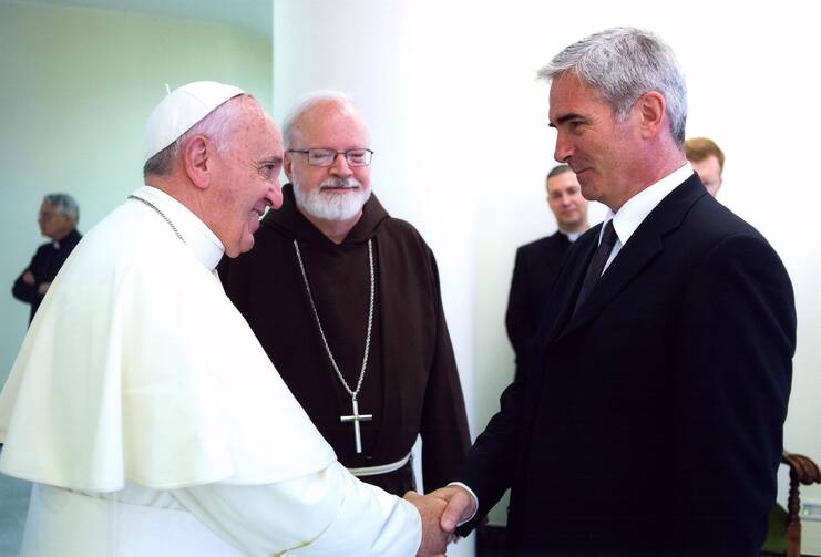 Mark Vincent Healy, clerical abuse survivor, shakes hands with Pope Francis Mark Vincent Healy shakes hands with Pope Francis at the Vatican, July 7.
