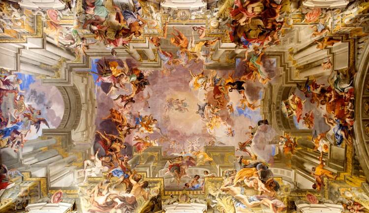 The famous trompe l’oeil ceiling of Sant’Ignazio di Loyola in Rome. Fresco by Andrea Pozzo, “Saint Ignatius Being Received into Heaven” (1691-94).