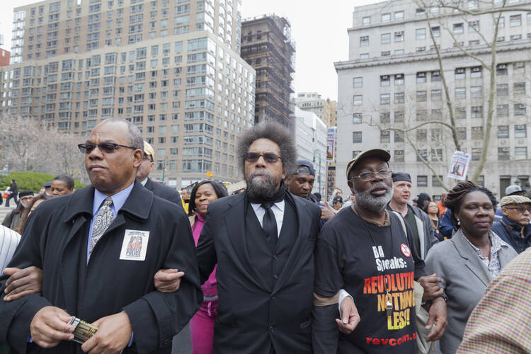 There are a few genuine public intellectuals among professors of religion, and Cornel West is chief among them. Here he is pictured, center, protesting against police brutality in New York City in 2015.