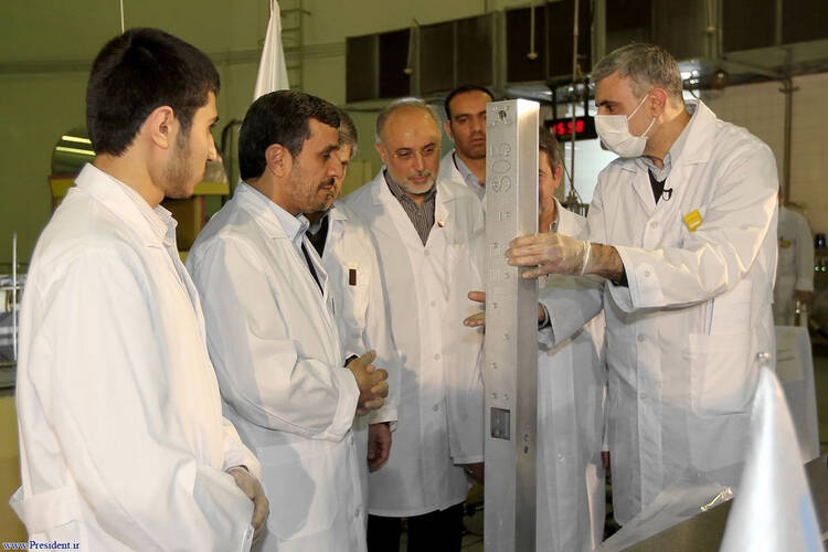 Former Iranian President Mahmoud Ahmadinejad attends unveiling of nuclear project in Iran, April 12, 2012.