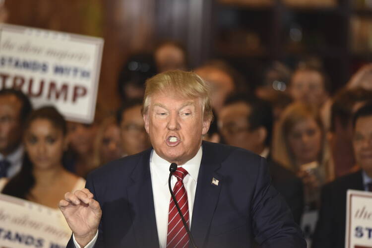 Republican presidential candidate Donald Trump during press conference at Trump Tower to announce he has signed a pledge not to run as an independent candidate, Sept. 3, 2015 (iStock photo)