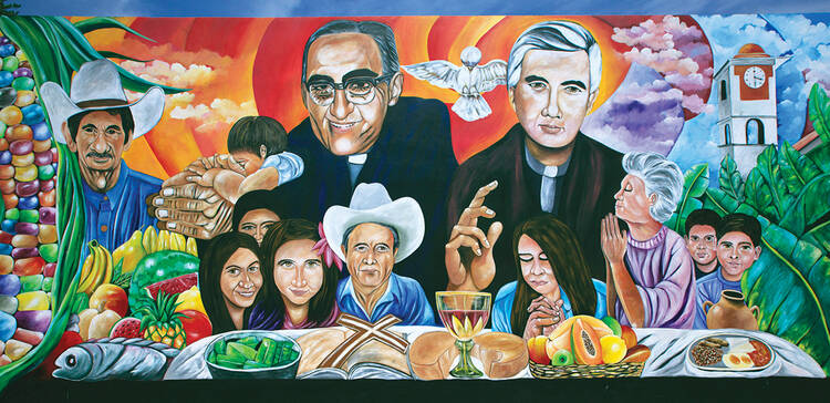 SERVANT-LEADERS. A mural of Óscar Romero and Rutilio Grande, S.J., in El Paisnal, El Salvador