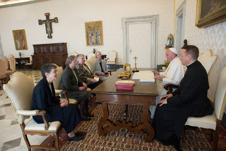 Pope Francis meets with representatives of the U.S. Leadership Conference of Women Religious in the Apostolic Palace at the Vatican April 16.