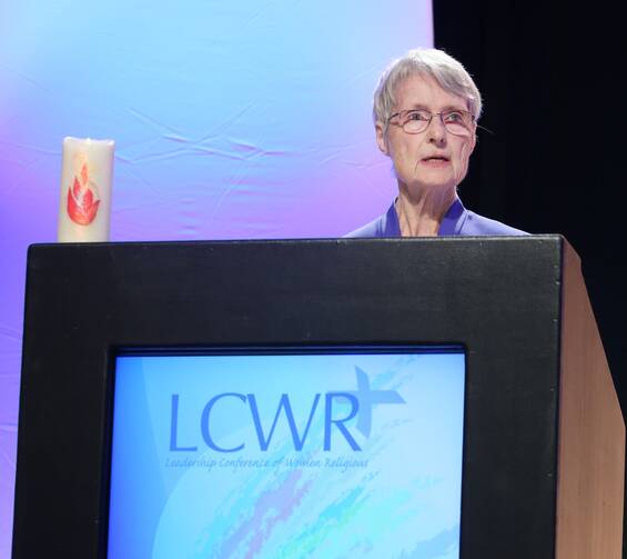 Sister Marcia Allen, a Sister of St. Joseph of Concordia, Kansas, and president of the Leadership Conference of Women Religious, delivers her address Aug. 10 to attendees at the LCWR assembly in Atlanta. (CNS photo/Michael Alexander, Georgia Bulletin) 