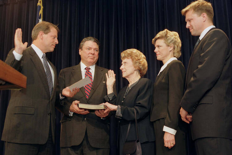 Lindy Boggs sworn in as Vatican ambassador in 1998 with VP Gore and children