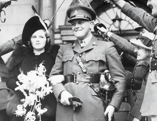FRIEND OF JOE. Randolph Churchill, son of Winston Churchill, and his bride, Pamela Digby, leaving St. John’s Church in London after their marriage on Oct. 10, 1939. 