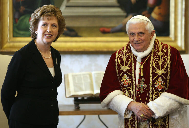 In this March 23, 2007 photo, Pope Benedict XVI and Ireland President Mary McAleese pose for photographers prior to a private audience the pontiff granted her at the Vatican (AP Photo/Alberto Pizzoli, Pool, file).