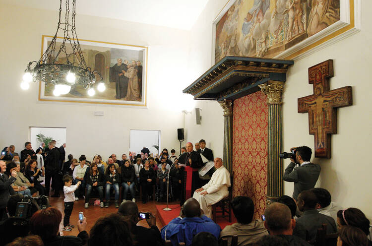 NAMESAKE. Pope Francis leads a meeting with the poor in the archbishop’s residence in Assisi, Italy, Oct. 4.