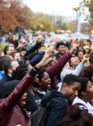 University of Missouri students chant “join the revolution” in Speaker’s Circle on Nov. 5, 2015, during a Concerned Student 1950 demonstration. Religion News Service photo by Hanna Yowell