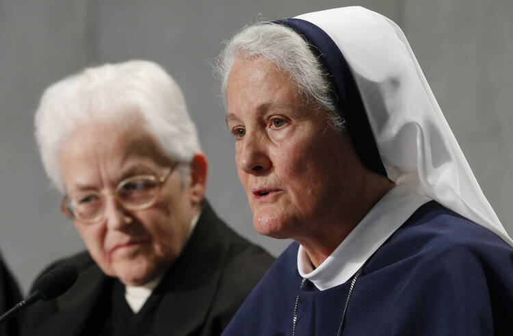 Mother Agnes Mary Donovan, chairperson of the Council of Major Superiors of Women Religious, speaks during Vatican press conference for release of final report of Vatican-ordered investigation of U.S. communities of women religious, Dec. 16, 2014. (CNS photo/Paul Haring)