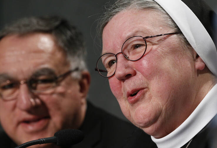 Mother Mary Clare Millea speaks during Vatican press conference for release of final report of Vatican-ordered investigation of U.S. communities of women religious, Dec. 16 (CNS photo/Paul Haring).