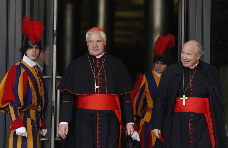 Cardinal Gerhard Muller, prefect of the Congregation for the Doctrine of the Faith, and Austrian Cardinal Christoph Schonborn of Vienna leave a session of the Synod of Bishops on the family at the Vatican, Oct. 14 (CNS photo/Paul Haring). 