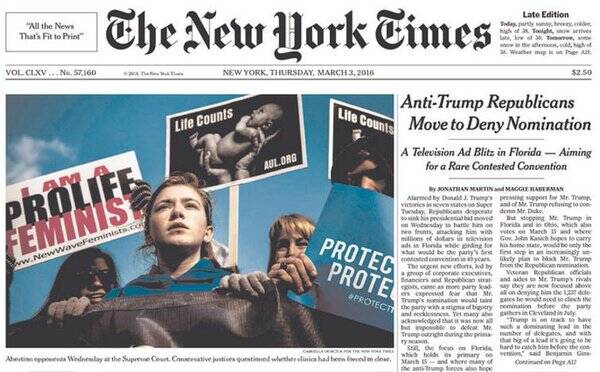 The cover of the New York Times on March 3, 2016
