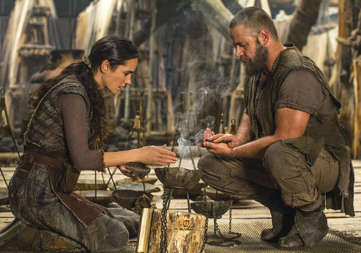 BEFORE THE DELUGE. Jennifer Connelly as naameh and Russell Crowe as Noah