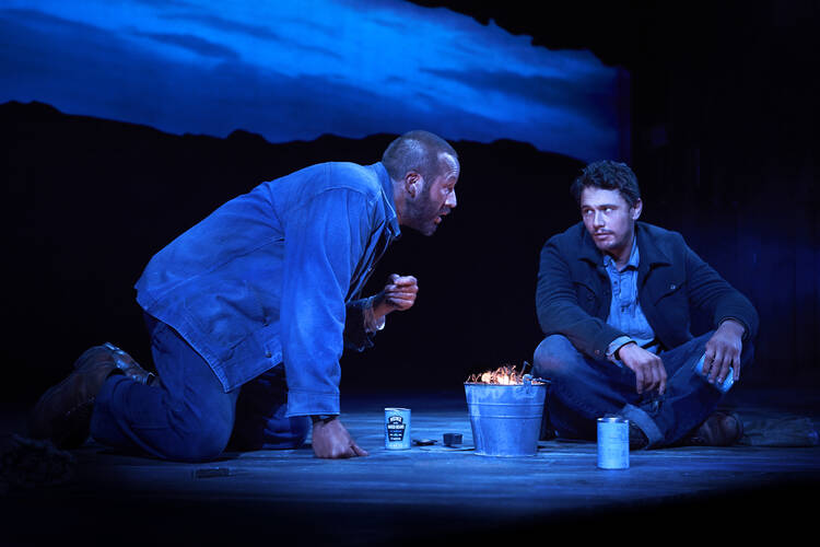 UNFORGIVEN. Chris O'Dowd and James Franco in "Of Mice and Men" (Photo by Richard Phibbs).