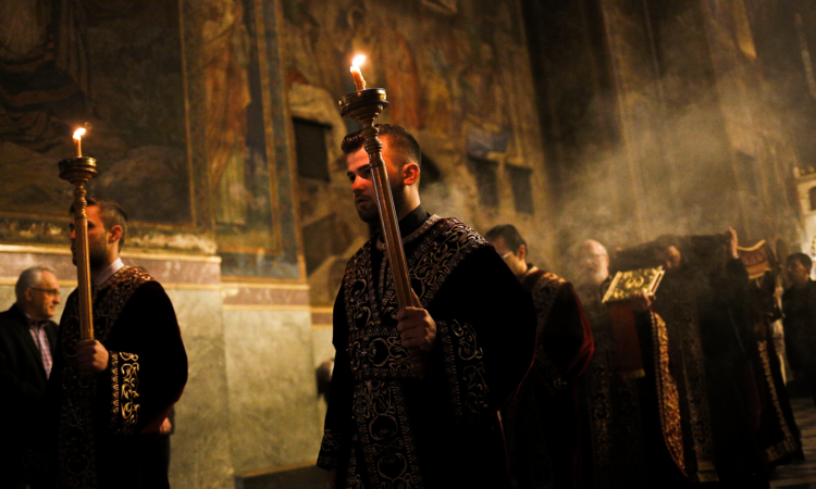 Image: Bulgarian Orthodox men take part in a Good Friday liturgy at St. Alexander Nevsky Orthodox Cathedral in Sofia April 10, 2015. (CNS photo/Stoyan Nenov, Reuters)